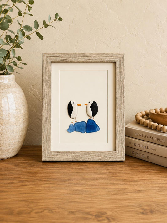 Two Penguins on Blue Sea Glass Ice, 5x7"
