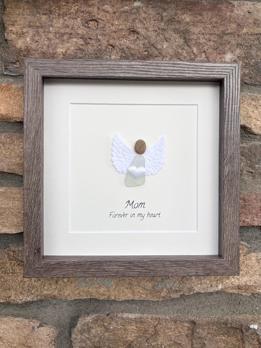 Mom or Loved One Memorial Pebble and Sea Glass Artwork , 9x9 Personalizable Gift