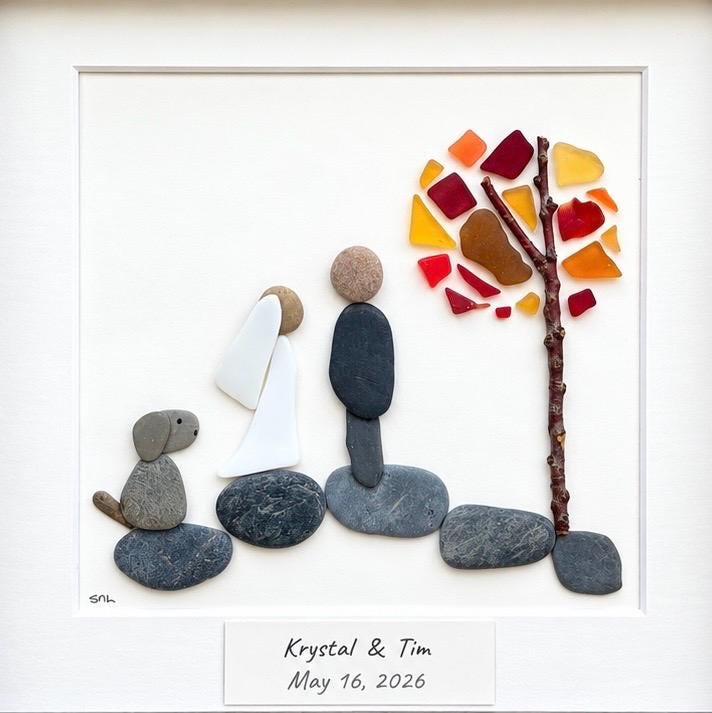 Couple with Dog Fall Wedding Gift, Framed 8x8” Personalized Sea Glass and Pebble Artwork