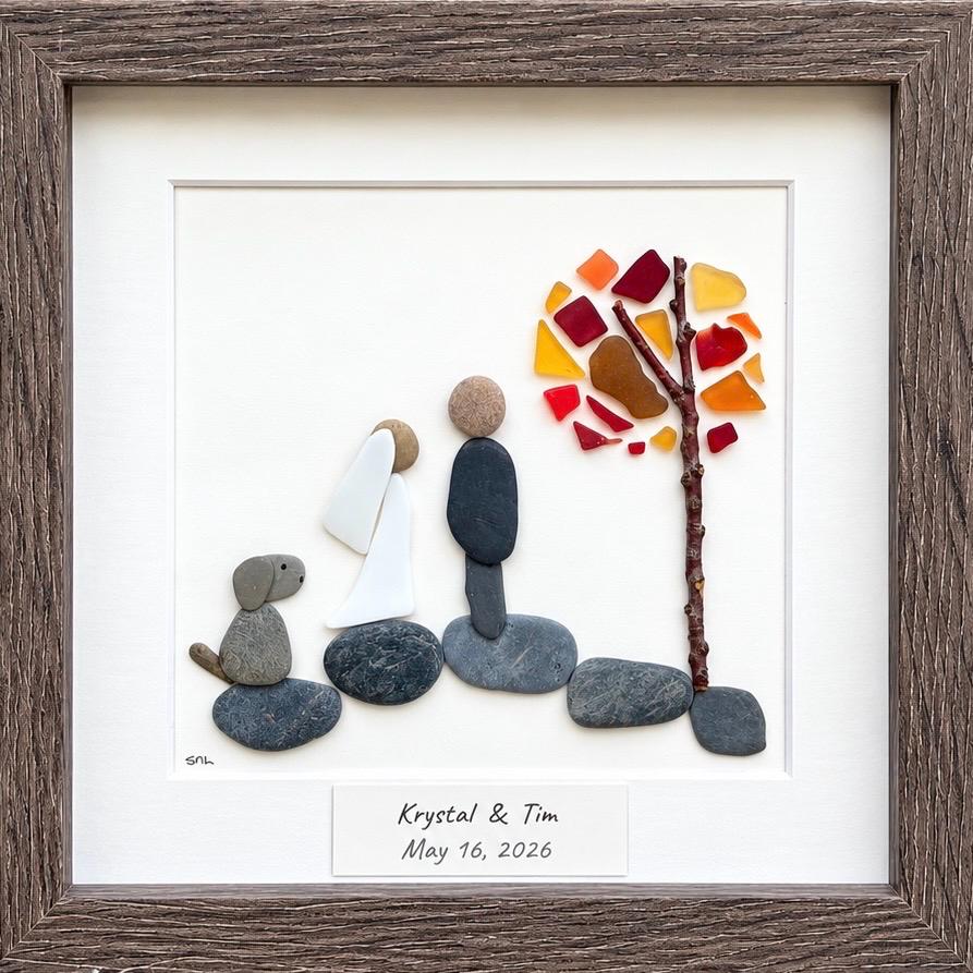 Couple with Dog Fall Wedding Gift, Framed 8x8” Personalized Sea Glass and Pebble Artwork