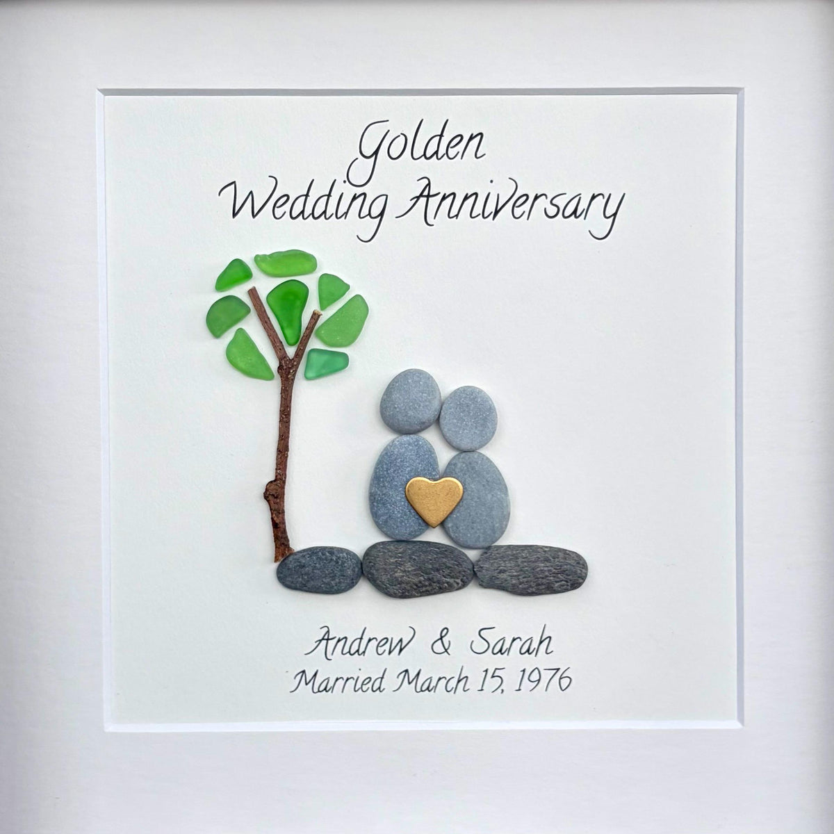 50th Anniversary Pebble and Sea Glass Art, Personalized Golden Wedding Anniversary Gift