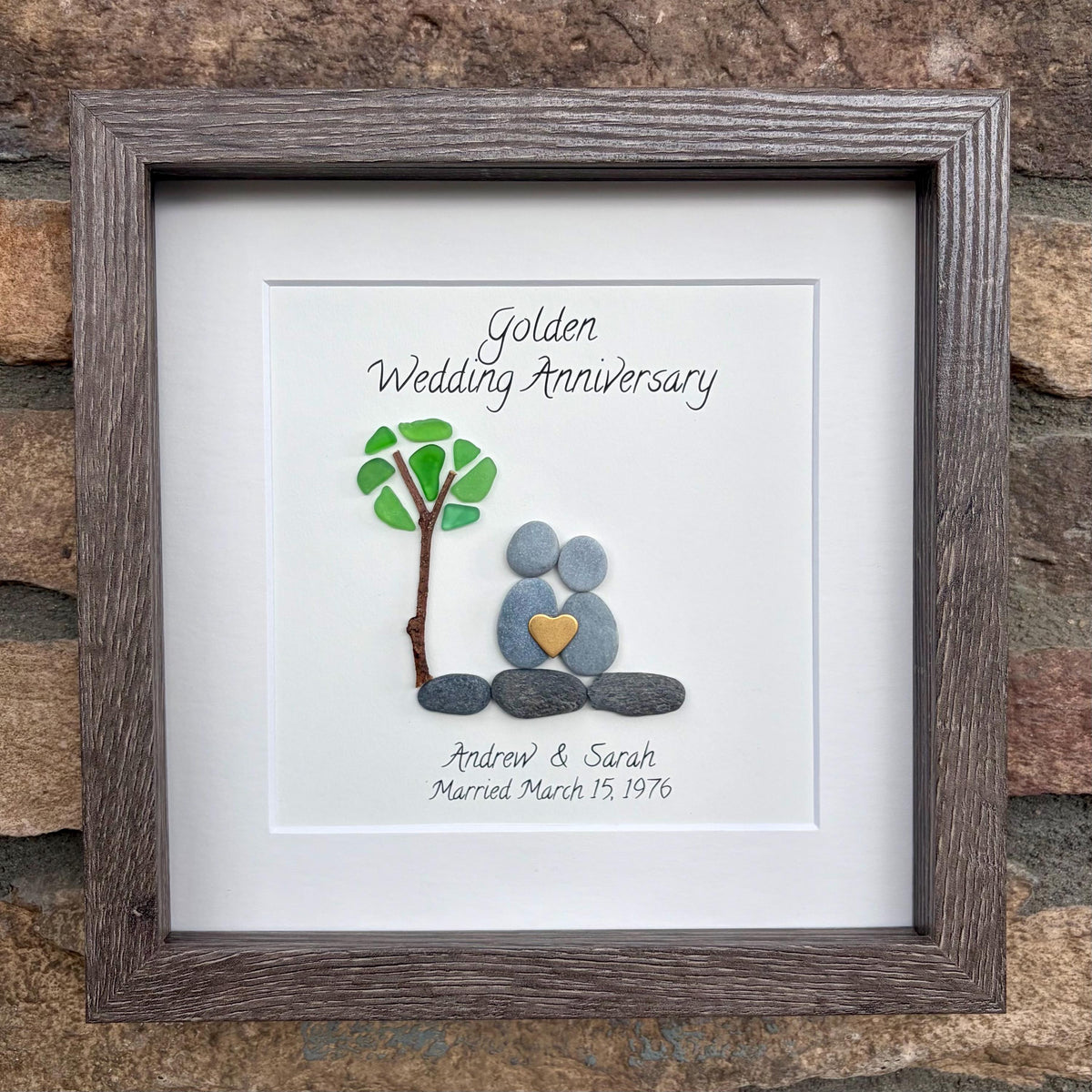 50th Anniversary Pebble and Sea Glass Art, Personalized Golden Wedding Anniversary Gift