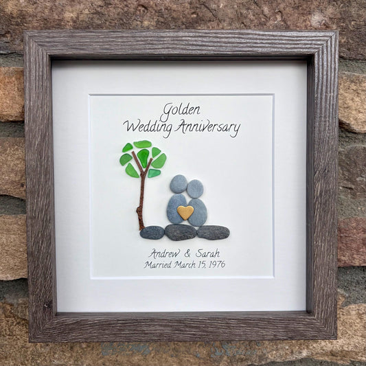 50th Anniversary "Golden" Pebble Art Couple, Sea Glass Tree, 8x8"
