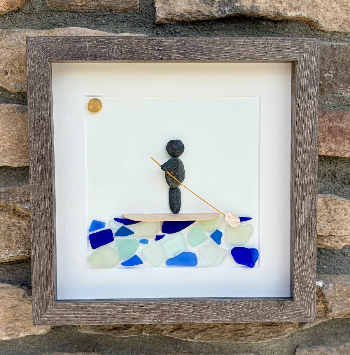 Paddle Boarder Sea Glass and Pebble Art, 9x9 Framed Artwork