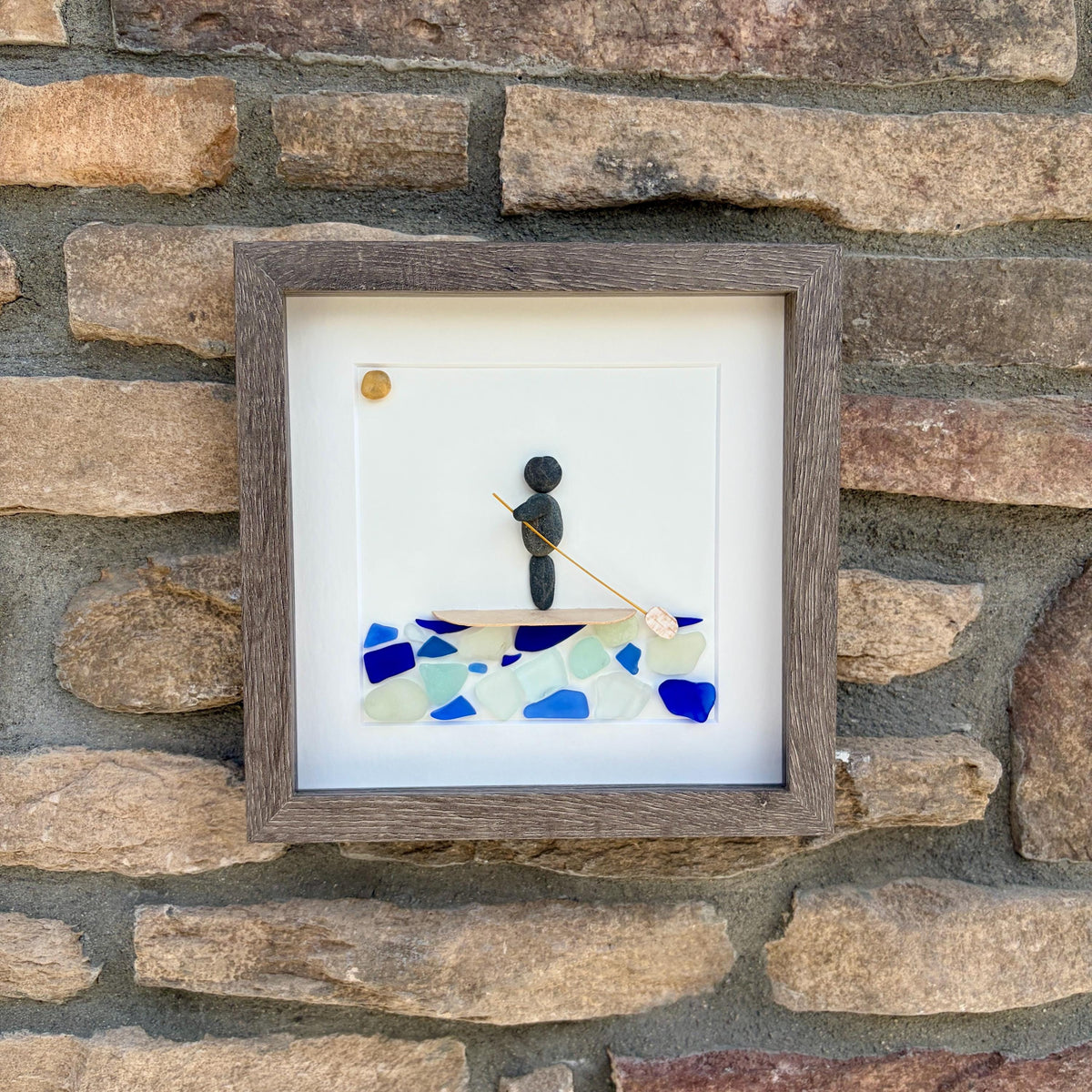 Paddle Boarder Sea Glass and Pebble Art, 9x9 Framed Artwork