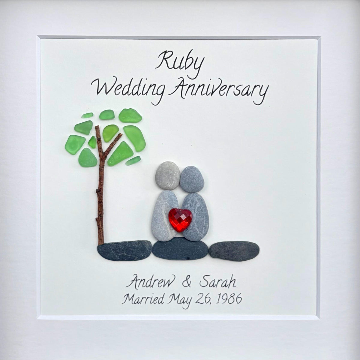 40th Wedding Anniversary Pebble and Sea Glass Art, Personalized Ruby Anniversary Gift