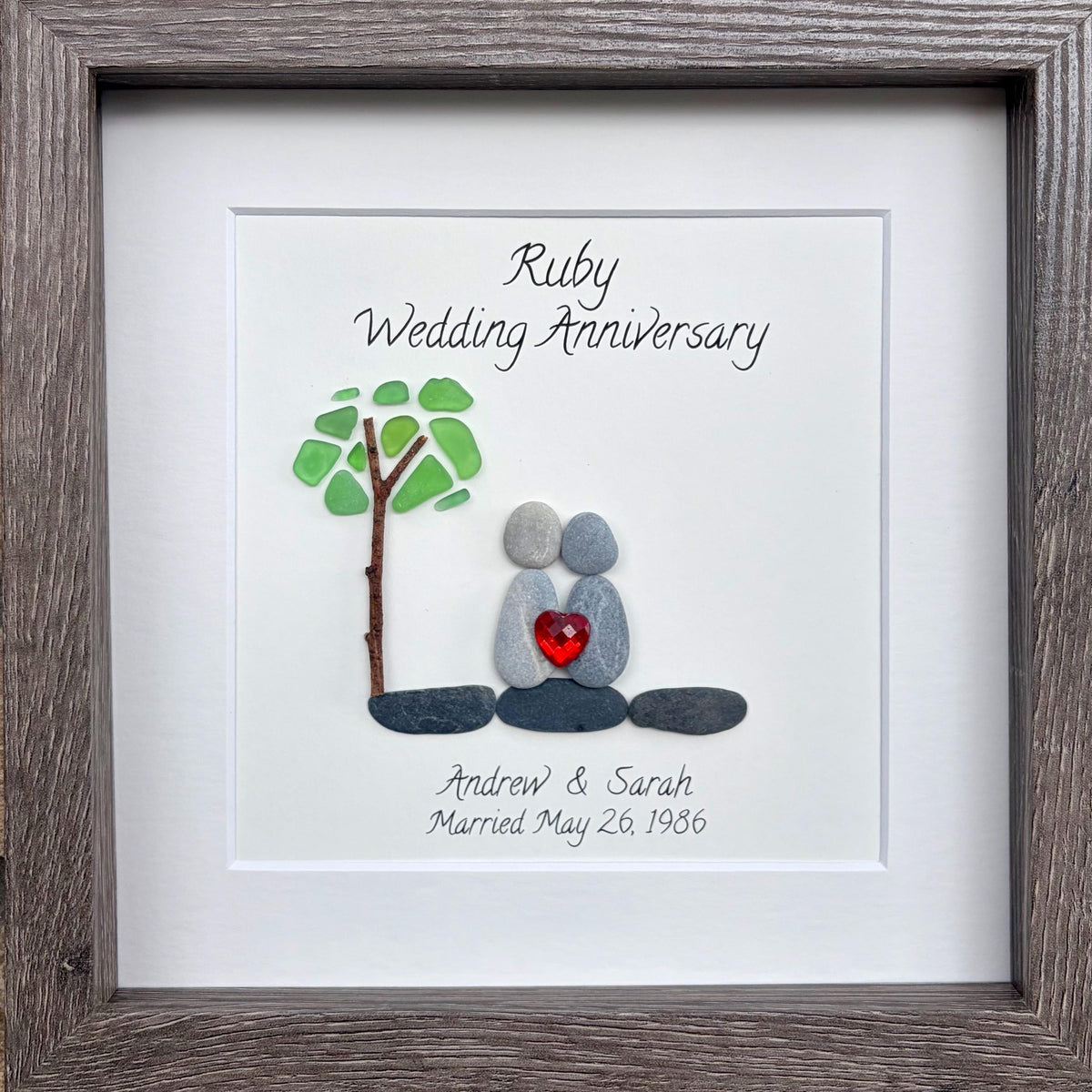 40th Wedding Anniversary Pebble and Sea Glass Art, Personalized Ruby Anniversary Gift