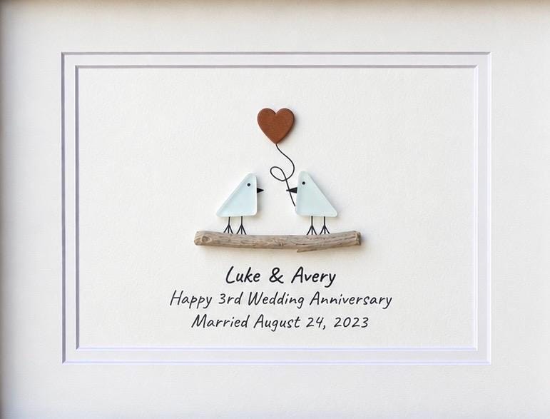 Personalized Pebble Art 3rd Anniversary Gift, Leather Heart Detail