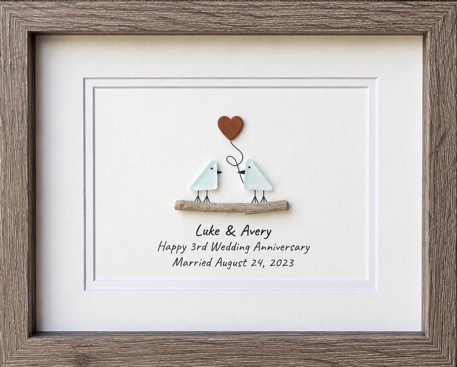 Personalized Pebble Art 3rd Anniversary Gift, Leather Heart Detail