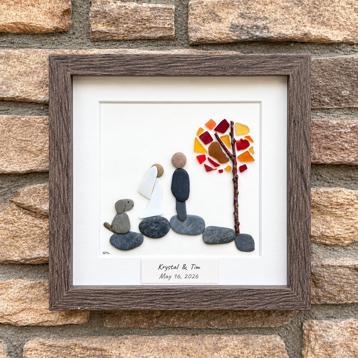 Couple with Dog Fall Wedding Gift, Framed 8x8” Personalized Sea Glass and Pebble Artwork