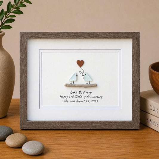 Personalized Pebble Art 3rd Anniversary Gift, Leather Heart Detail