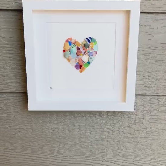 Colorful Heart Beach Collage Made of Scottish Sea Glass, Shells, Sea Pottery and Pebbles, 9x9 Framed Handmade Original Wall Decor