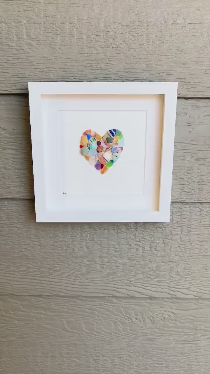 Colorful Heart Beach Collage Made of Scottish Sea Glass, Shells, Sea Pottery and Pebbles, 9x9 Framed Handmade Original Wall Decor
