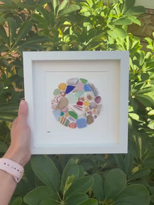 Beach Mosaic Circle Made of Sea Glass, Shells, Sea Pottery and Pebbles, 9x9 Framed Handmade Original Coastal Decor