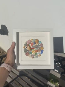 Beach Treasure Mosaic Circle Made of Sea Glass, Shells, Sea Pottery and Pebbles, 9x9 Framed Handmade Original Coastal Decor