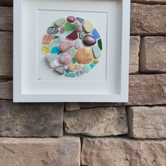 Abstract Beach Mosaic Circle Made of Sea Glass, Shells, Sea Pottery and Pebbles, 9x9 Framed Handmade Original Coastal Decor