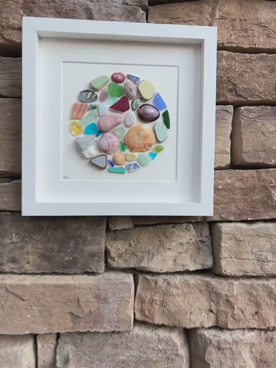 Abstract Beach Mosaic Circle Made of Sea Glass, Shells, Sea Pottery and Pebbles, 9x9 Framed Handmade Original Coastal Decor