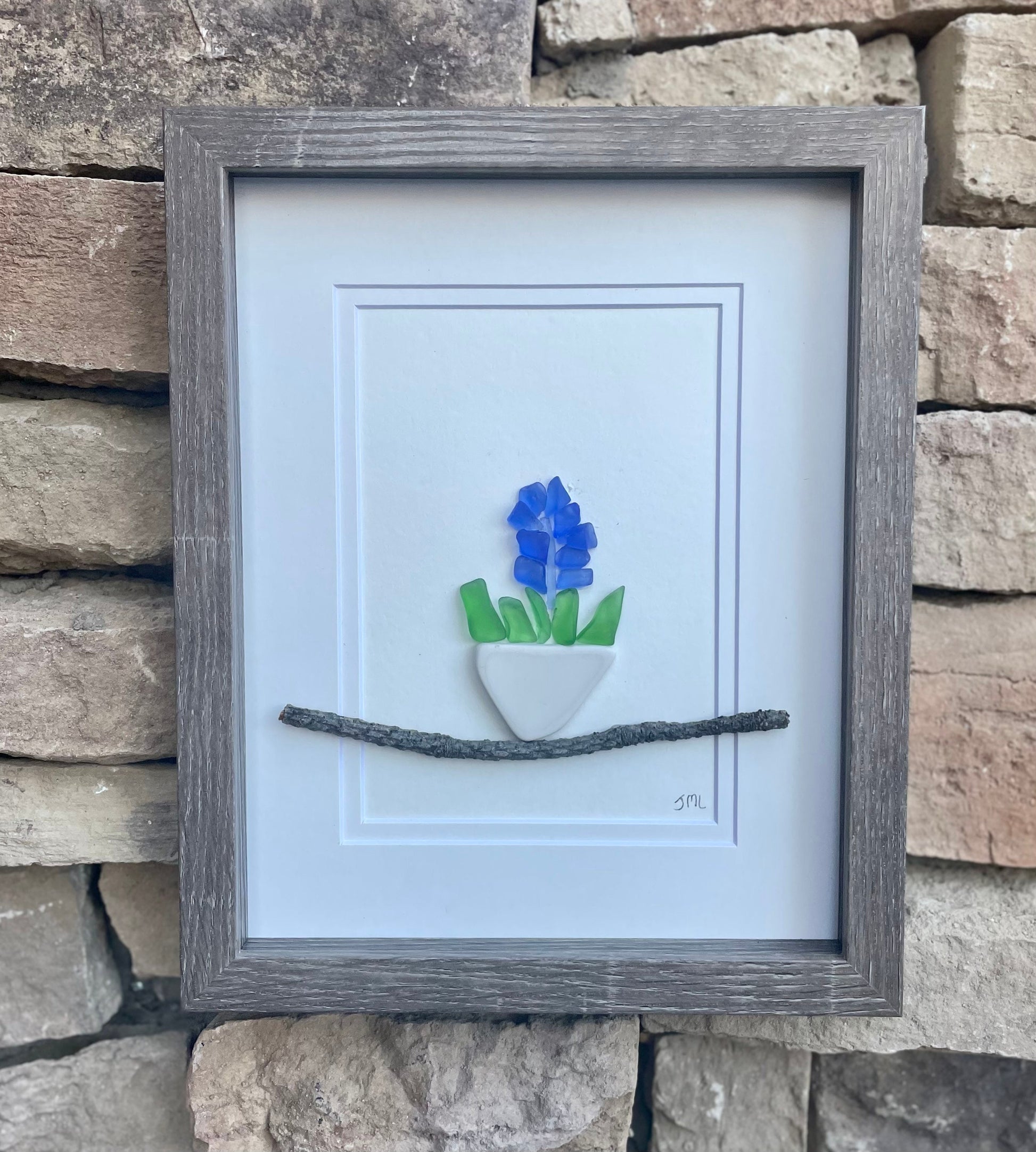 Blue Sea Glass and Sea Pottery Flowers, 8x10 Handmade Original Framed –  Joyful Pebble Art