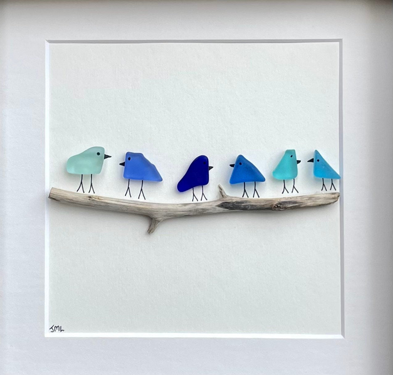 Sea Glass and Driftwood Birds in Shades of Blue, 8x10 Framed